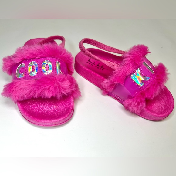Nicole Miller Toddler Pink Faux Fur Sandals Slides - Girls Slides NEW - Picture 3 of 10